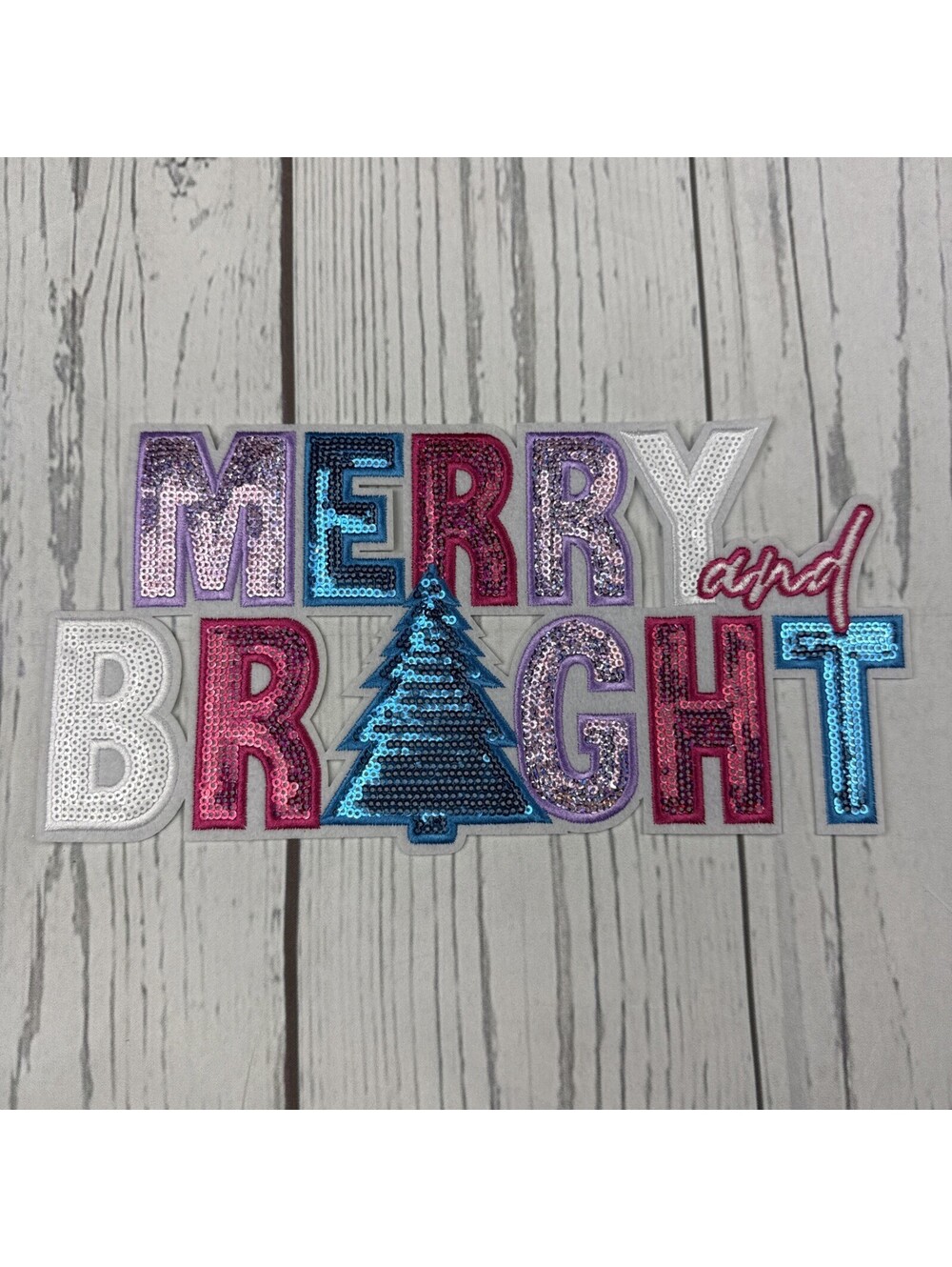 Sequin Iron-On Patch - 11 inch - Merry & Bright - pink Christmas holiday spirit